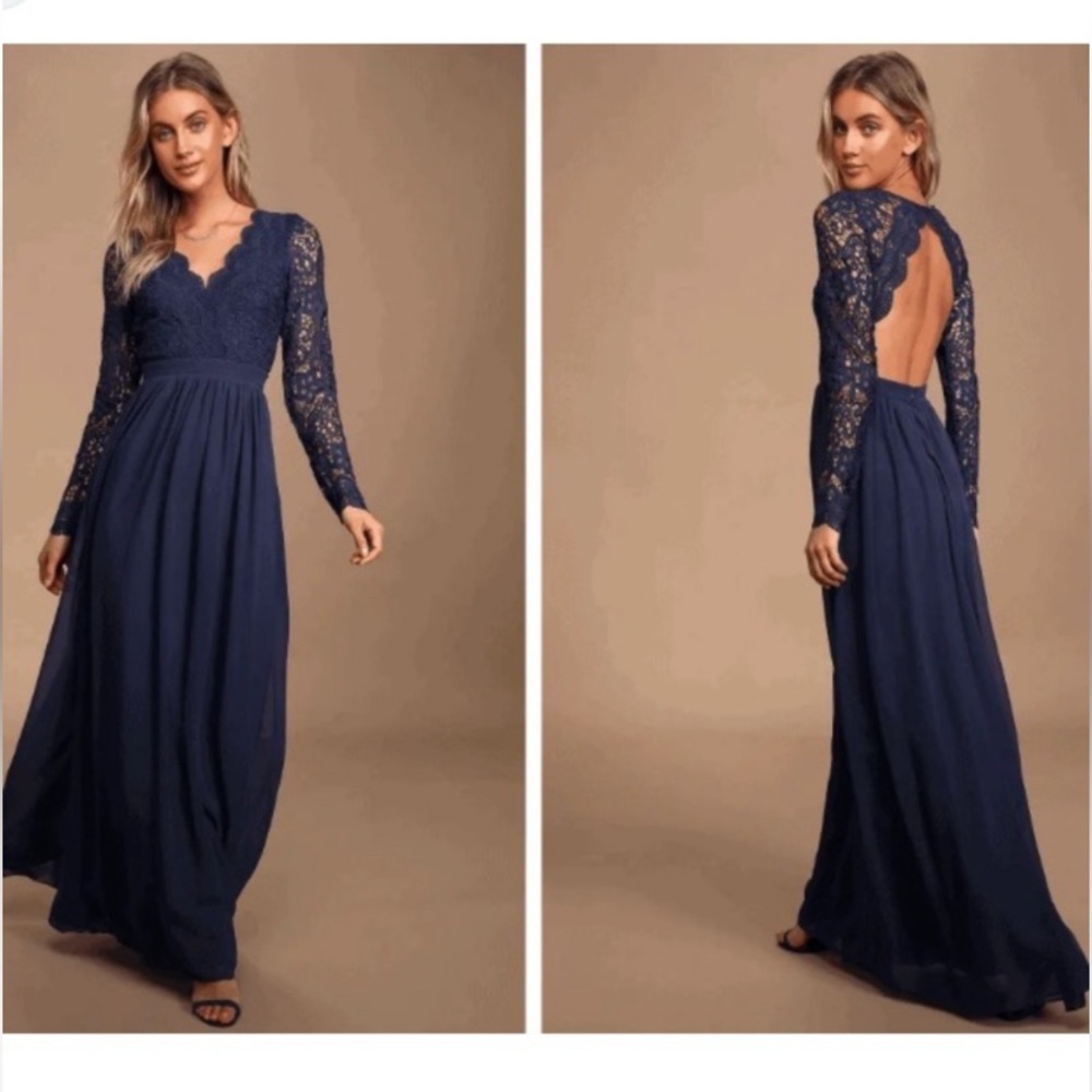 Elegant Navy Lace Evening Gown